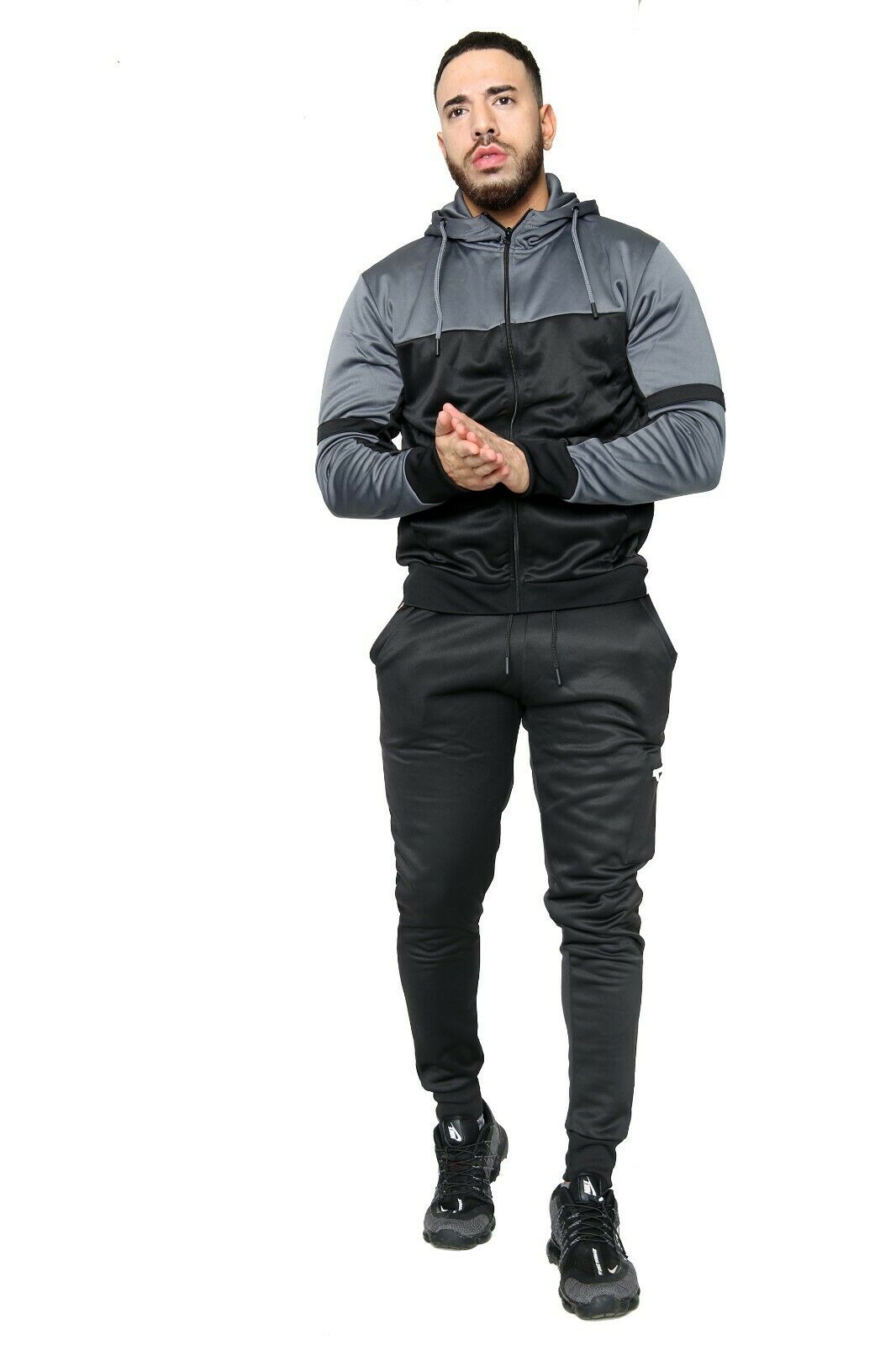 Ashton Mens Poly Tracksuit Set Black & Steel