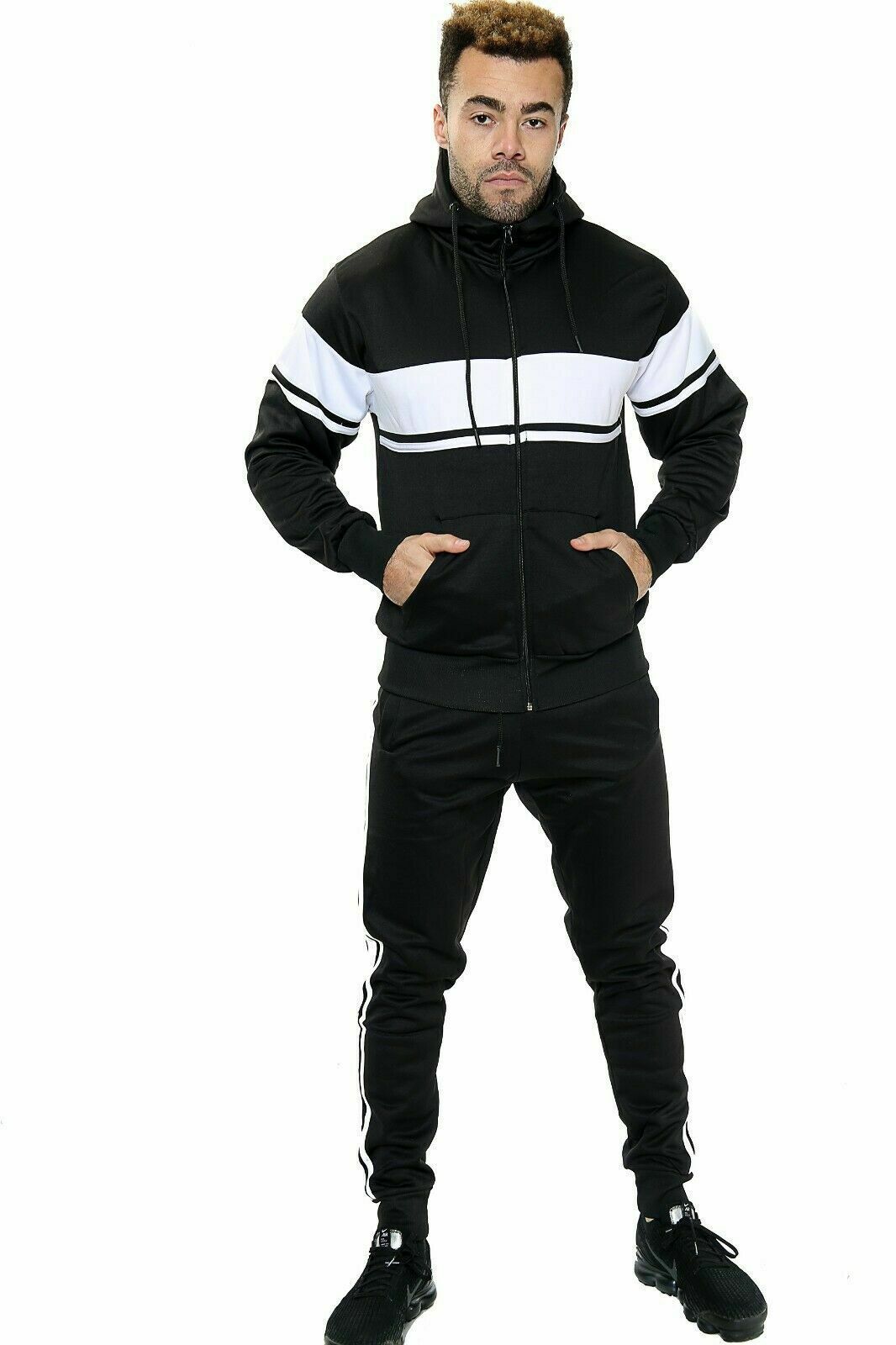 Klass Mens Poly Tracksuit Set Zip Hoodie & Joggers Black/White