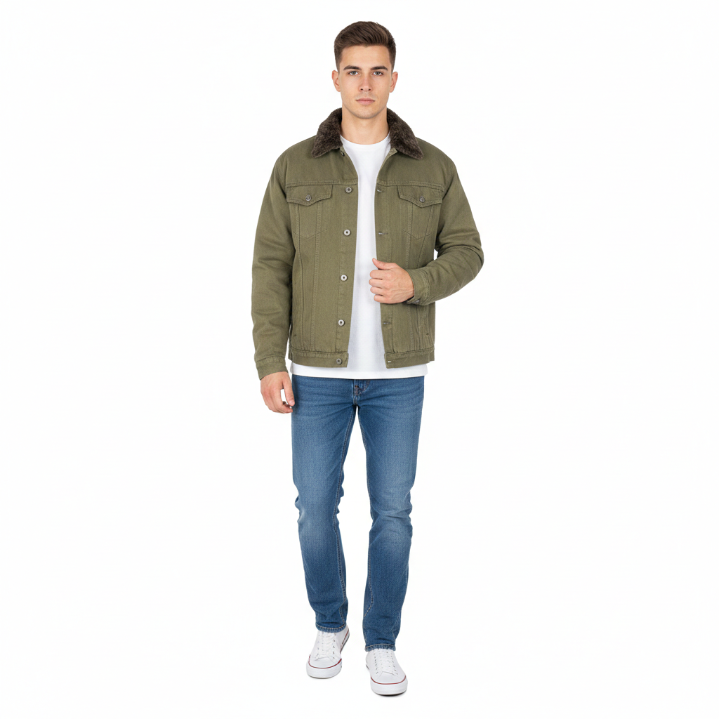 Men’s Denim Jacket Sherpa Collar Trucker Fur Classic Coat Padded S-2XL