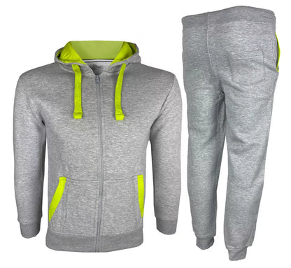Kids Contrast Fleece Tracksuit Grey/Neon