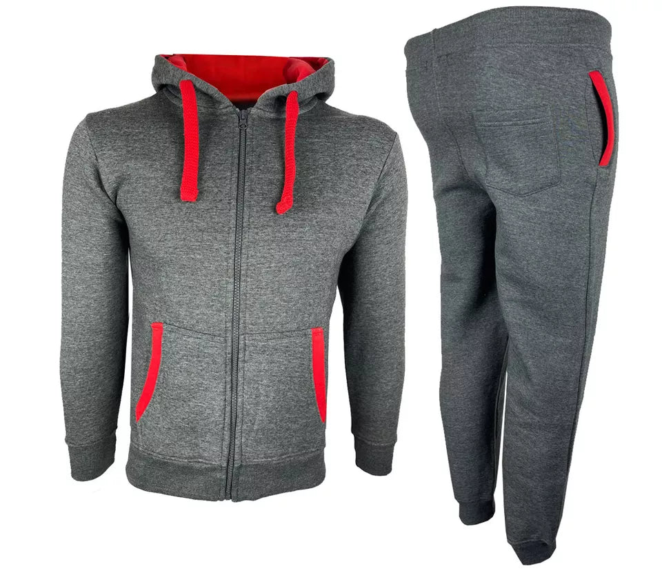 Kids Contrast Fleece Tracksuit Grey/Neon